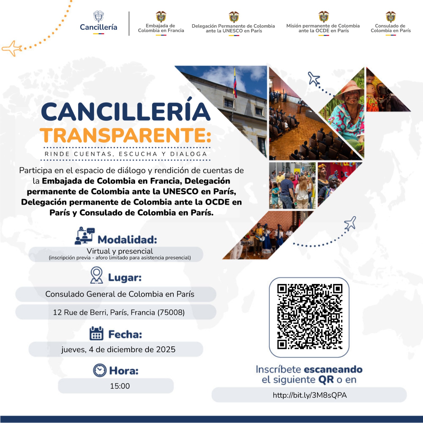 Participa en el espacio de diálogo y rendición de cuentas de la Embajada de Colombia en Francia el 4 de diciembre de 2025